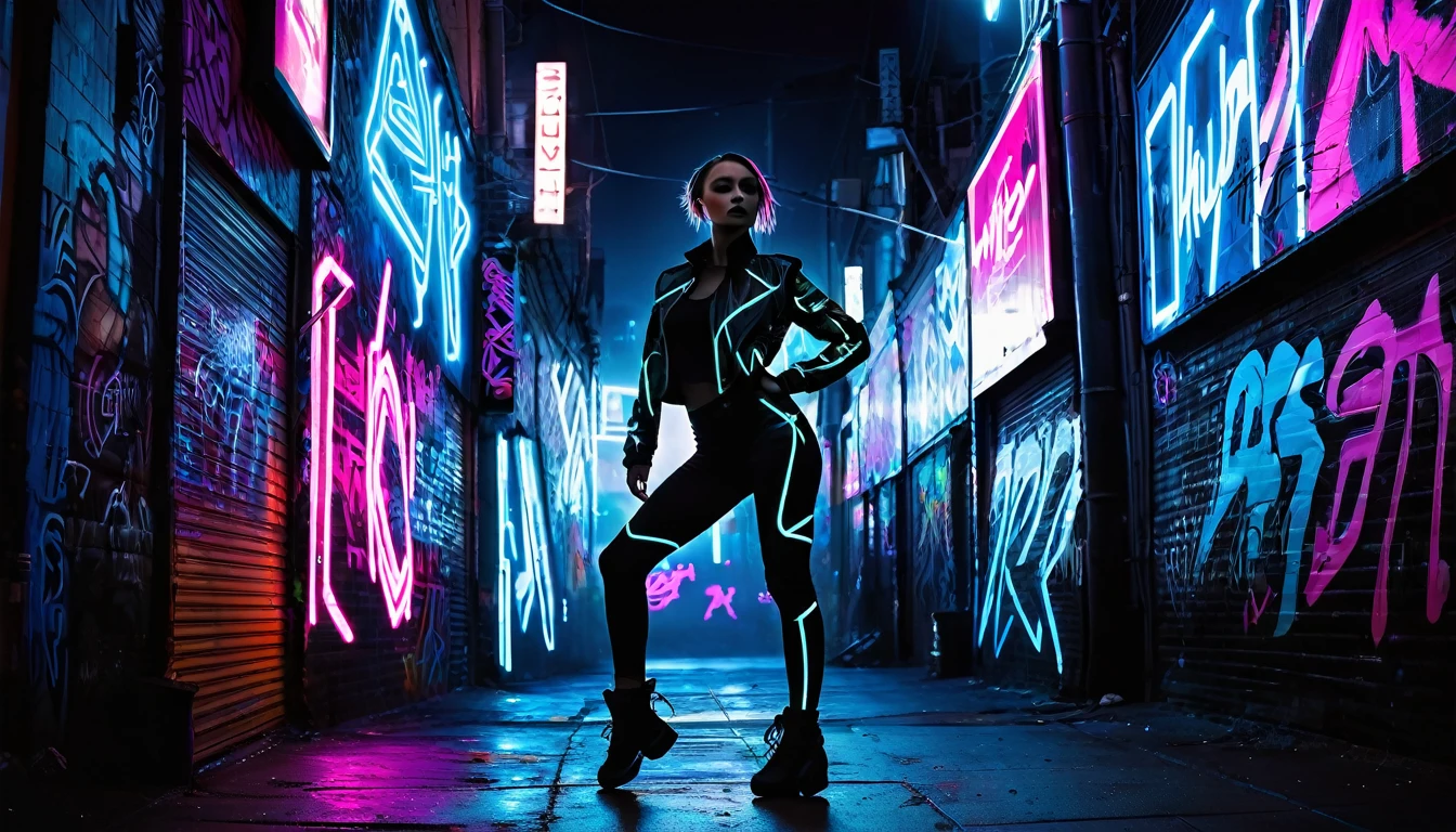 DemiHawks, Urban sprawl, woman, urban dance clothing, Dramatic lighting, High Contrast, silhouette, Poster-worthy, Street fashion, graffiti, Neon Light, Shadow, Dystopia, cyber punk, Futuristic, SF, Tron, Blade Runner, Elysium, Westworld, Black Neon, dance, fluid, dynamic, energy, Movement, shape, Performance.