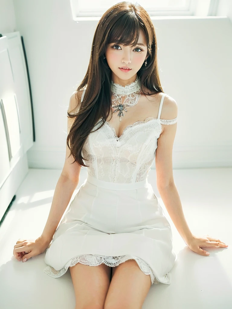 (Highest quality、masterpiece:1.9)、((Neat and clean female college student、1 person))、Soft lighting by a professional photographer、Natural light、((Very spacious white luxurious room:1.6))、((Bright white room:1.6))、(Sitting cross-legged on a very luxurious white bed:1.2)、(White Bookcase:1.1)、Natural soft light、((Brown Hair:1.1))、bangs、Detailed Eyes、double eyelid、((Small Face:1.0))、((Lace dress、mini skirt、Please wear it with the chest open.:1.1))、(smile)、((Girly pose 1.8))、High resolution,、((Long Hair:1.2))、((Full Body Shot:1.2))、Live-action image quality、((Height: 165cm))、Hands in front、Hide your hands between your legs、(bangs:1.1)、