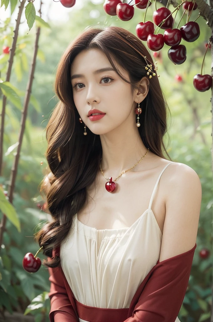 (((best quality))),(((ultra detailed))),(((masterpiece))),illustration,1 beautiful girl,solo,earrings,necklace,medium straight hair,slim,flat chest,red dress,summer,(cherry orchard full of red cherries:1.3),sunlight,dappled light,fair skin,smile,(ripest cherries on the trees:1.3),red lips,peaceful,summer breeze,hair fluttering,setting sun,radiant hue,beauty grace,basket,upper body,pantyhose,arms behind back,from front