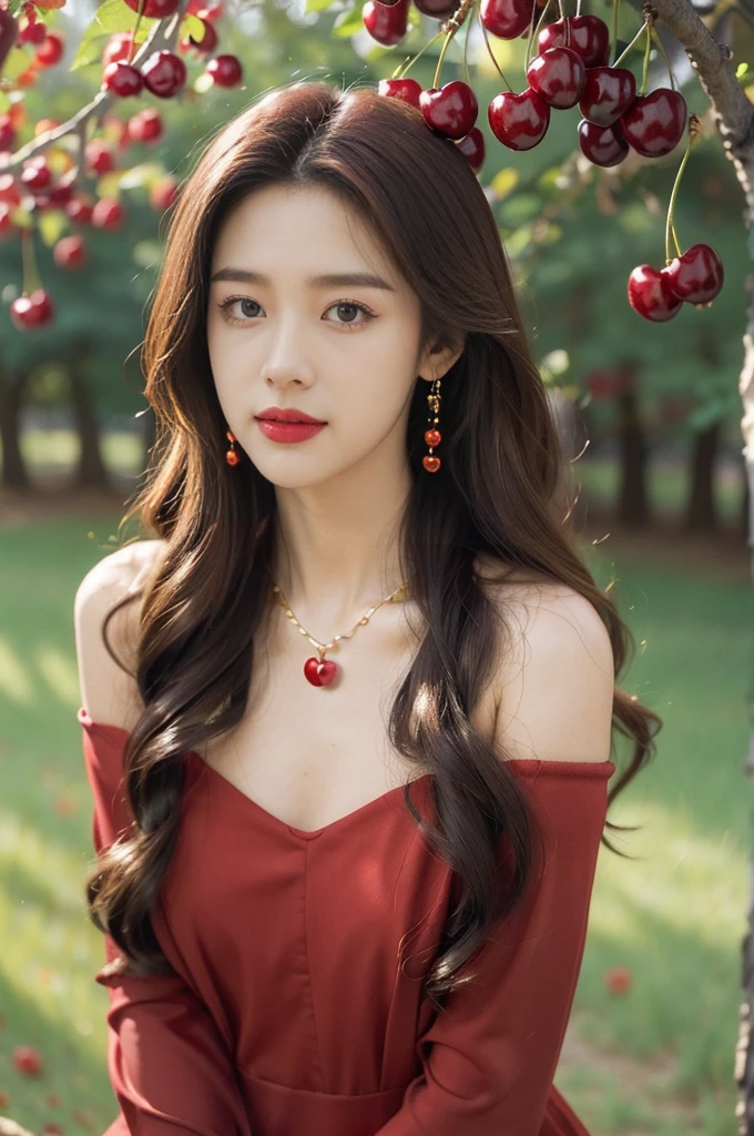 (((best quality))),(((ultra detailed))),(((masterpiece))),illustration,1 beautiful girl,solo,earrings,necklace,medium straight hair,slim,flat chest,red dress,summer,(cherry orchard full of red cherries:1.3),sunlight,dappled light,fair skin,smile,(ripest cherries on the trees:1.3),red lips,peaceful,summer breeze,hair fluttering,setting sun,radiant hue,beauty grace,basket,upper body,pantyhose,arms behind back,from front