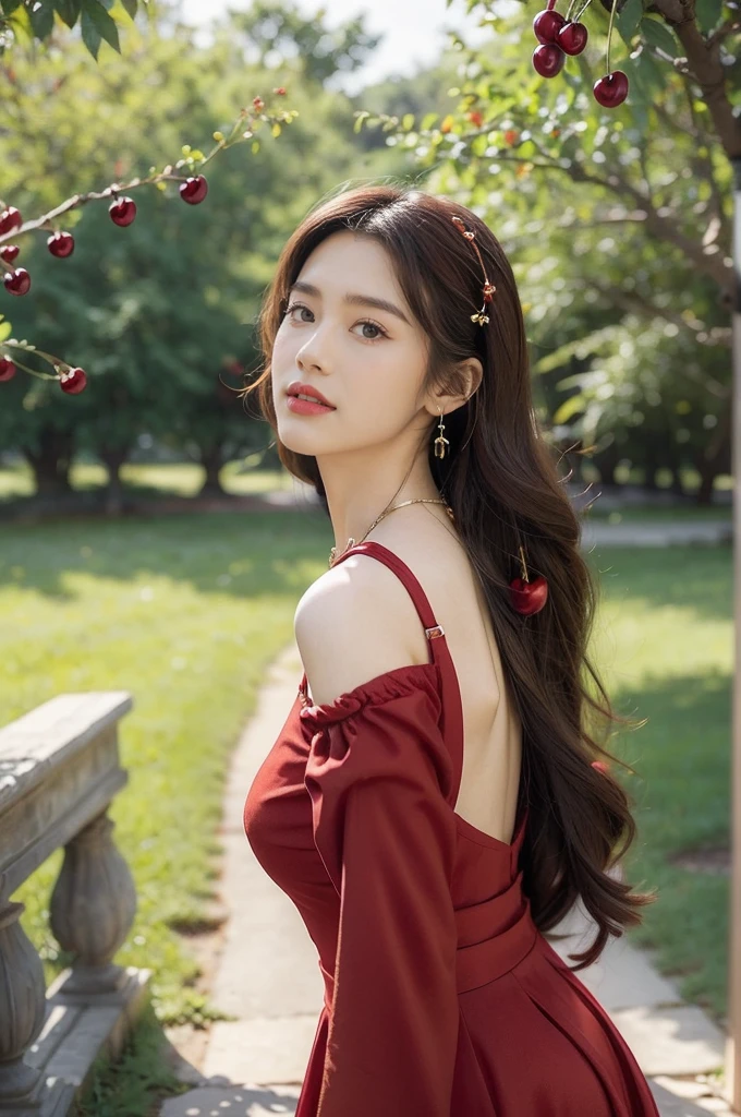 (((best quality))),(((ultra detailed))),(((masterpiece))),illustration,1 beautiful girl,solo,earrings,necklace,medium straight hair,slim,flat chest,red dress,summer,(cherry orchard full of red cherries:1.3),sunlight,dappled light,fair skin,smile,(ripest cherries on the trees:1.3),red lips,peaceful,summer breeze,hair fluttering,setting sun,radiant hue,beauty grace,basket,upper body,pantyhose,arms behind back,from front