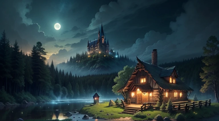 Wizard shack in a mystical forest, lush forest background, wooden shack with smoke coming out the chimney, nearby river with tall grass and fireflies, Bright moon with cloudy skies, wide angle shot, shot from the sky, fireflies, tall grass, big castle in the background
