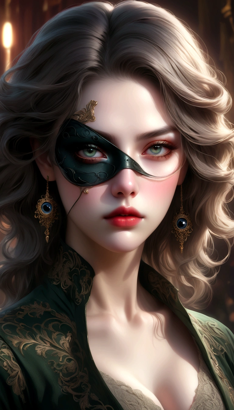 A woman with an eye patch, beautiful detailed eyes, beautiful detailed lips, extremely detailed face, longeyelashes, elegant expression, thoughtful pose, cinematic lighting, dramatic shadows, surreal atmosphere, fantasy art, muted color palette, digital painting