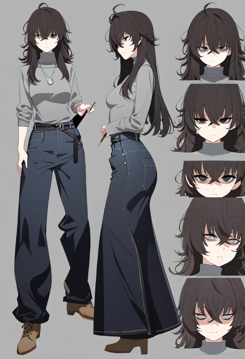 One Woman,Downer,older sister,Concept Art,Dark brown hair,Straight hair with slight inward curls,Staring eyes,Eye Ridge,black eye,Crossed bangs,whole body,smile,Slightly larger breasts,Gray background,Bangs that reach down to the eyes,Messy hair,Tight dark jeans,Gray turtleneck sweater,Multiple views of the same character,Character Design,Dark circles under the eyes,Bad look,Listless,Sloppy,Silver Jewelry,Cafe staff,Holding a cigarette,whole bodyCharacter Design,Detailed hands,Height: 170cm,boots,fleshy,