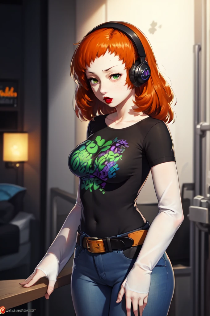 (masterpiece, best quality:1.2), vivian james, orange hair, hairband, four-leaf clover, 1girl, solo, standing, black t-shirt, white shirt, blue jeans, belt, lipstick, large breasts, layered sleeves, stage background, headphones