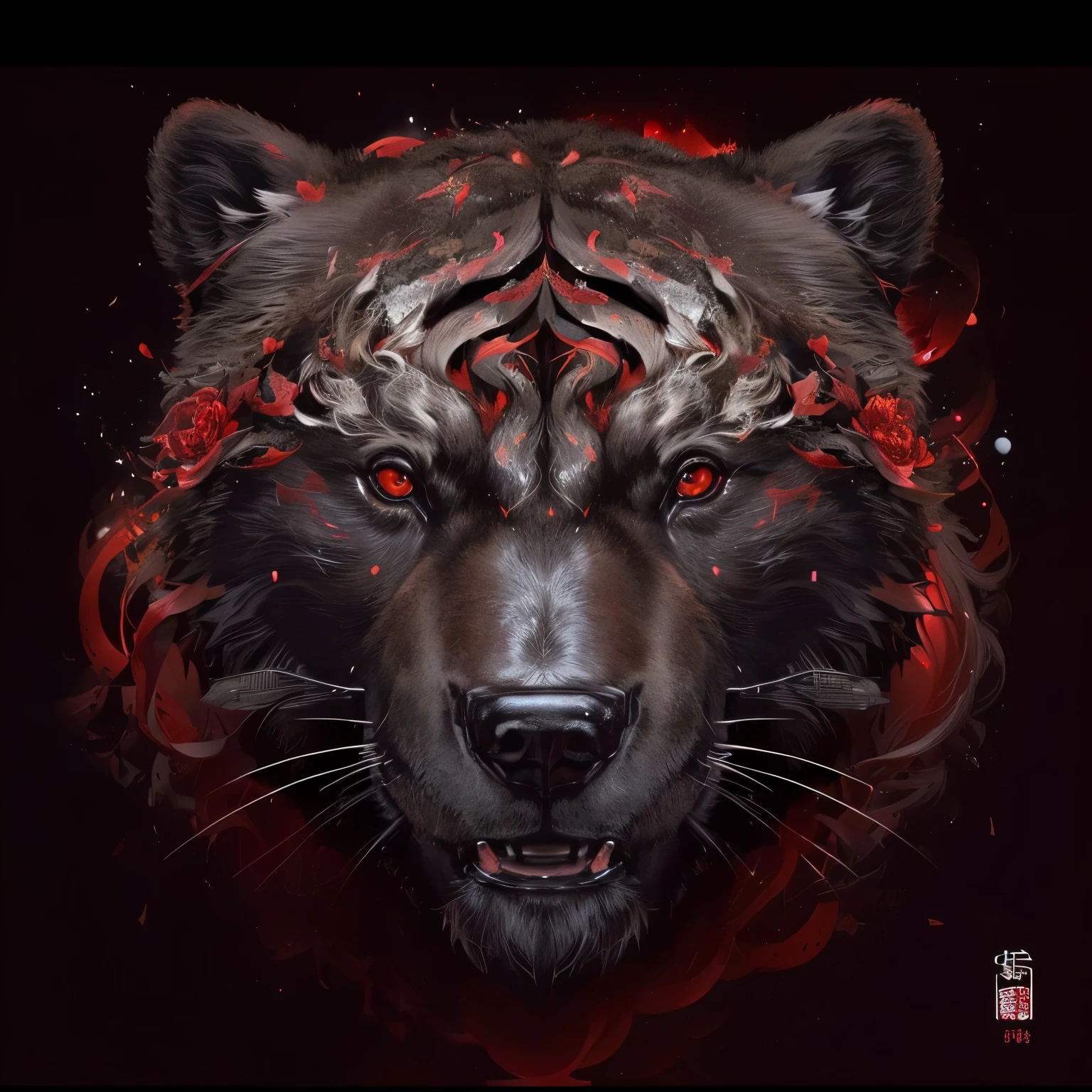 Bear with red eyes on black background, ((Bear)), sacred Bear, Sakimi, cosmic Bear, Bear_beast, Very detailed and hypnotic, 高度精细的number艺术work, Bear head, Bear face, number highly detailed, number | complex, a Bear, 精美的number艺术,Rich in details, Bear, 高度精细的number艺术