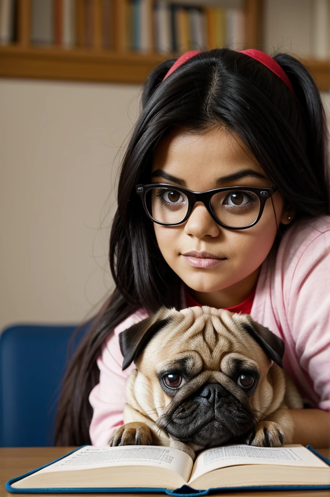 Mujer cabello largo rojo estudiando moderno mascota pug
