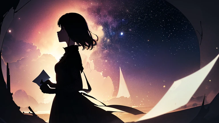 (Silhouette Art,Crop:1.6)
(((Paper cutting art,A world where only black exists:1.3)
(Cowboy Shot),1 Girl,alone,
(Girl in a dress,profile:1.2),white, Clear and beautiful face,Countless meteoroon behind、
break
(Dark Moon)
Textured glass background,Tarot card atmosphere、Atmosphere of the Galaxy Express