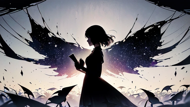 (Silhouette Art,Crop:1.6)
(((Paper cutting art,A world where only black exists:1.3)
(Cowboy Shot),1 Girl,alone,
(Girl in a dress,profile:1.2),white, Clear and beautiful face,Countless meteoroon behind、
break
(Dark Moon)
Textured glass background,Tarot card atmosphere、Atmosphere of the Galaxy Express