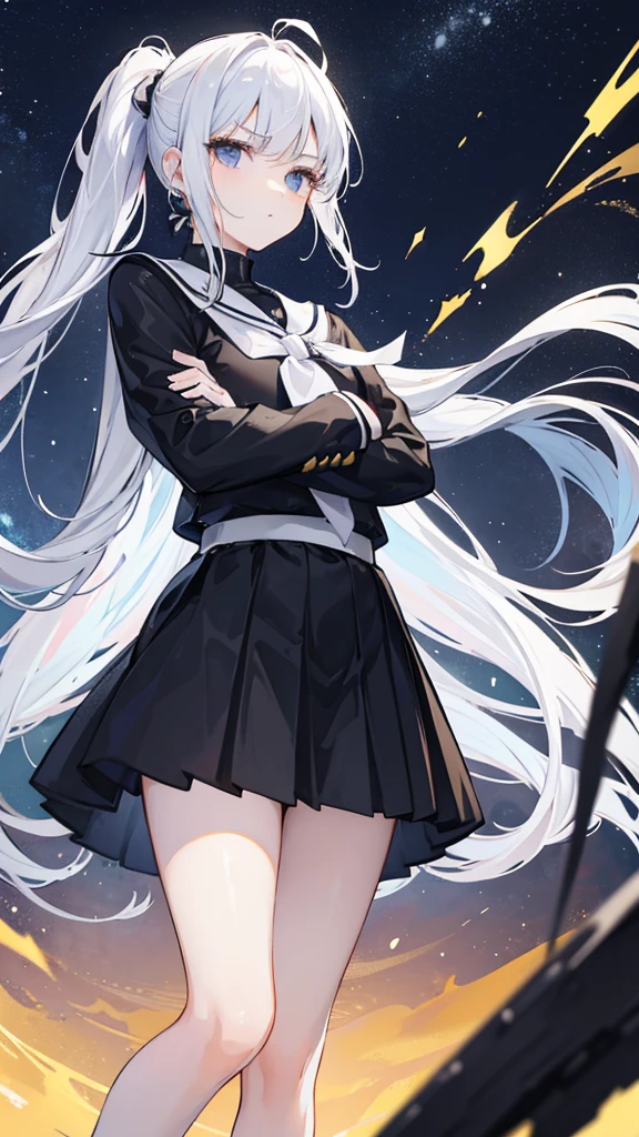 olo,Girl,Night Sky,White cape,Black eyes,Long white ponytail hair,Black leather shoes,Low ponytail hairstyle,Golden school uniform,Cross your arms,Serious look