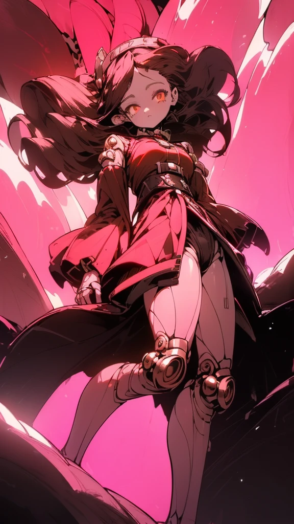 ((((High detail detailed, high resolution)))), 1girl, serious, standing, (((doll knees, doll elbows, ((doll joints:1.2, action figure limbs:1.2, segmented body))), [mechanical body], (segmented waist), (doll waist), (long black hair), (pale skin, ((brown eyes)), ((glowing_eyes)), (((ultra detailed eyes:0.7, beautiful and detailed face, detailed eyes:0.9))), ((centered)), (wide shot), facing viewer, (((outdoors, darkness, falling leaves:0.9))), medium breasts, looking away, ((half closed eyes)), ((perfect hands)), (((head:1, arms, hips in view, elbows, thighs, in view))), ((hands at sides)), fiery aura, beautiful lighting, outside, outdoors, background, ((defined subject)), 25 years old, (head tilt), (((cool))), ((lively)), (((high contrast)))