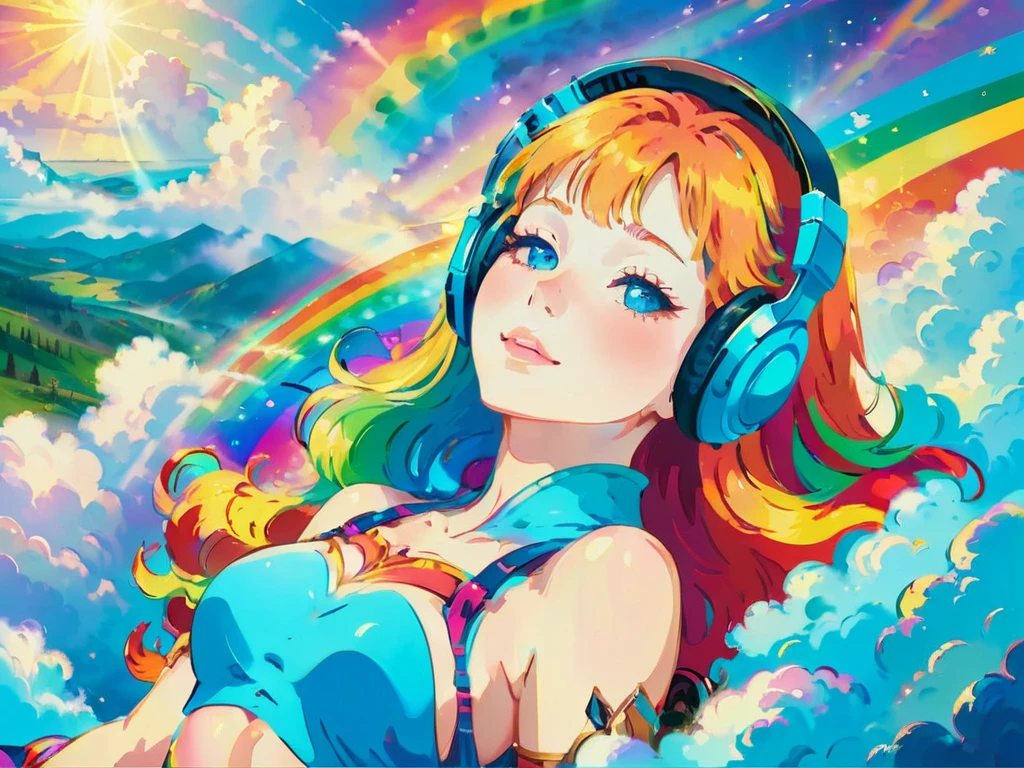 A stunningly ethereal woman, wearing headphones, composed of a dazzling array of rainbow hues, reclines gracefully at the end of a radiant rainbow amidst the fluffy clouds in the sky. Bathed in dynamic and enchanting lighting, accentuates her vibrant, full-bodied form. Fantasy art. Masterpiece 