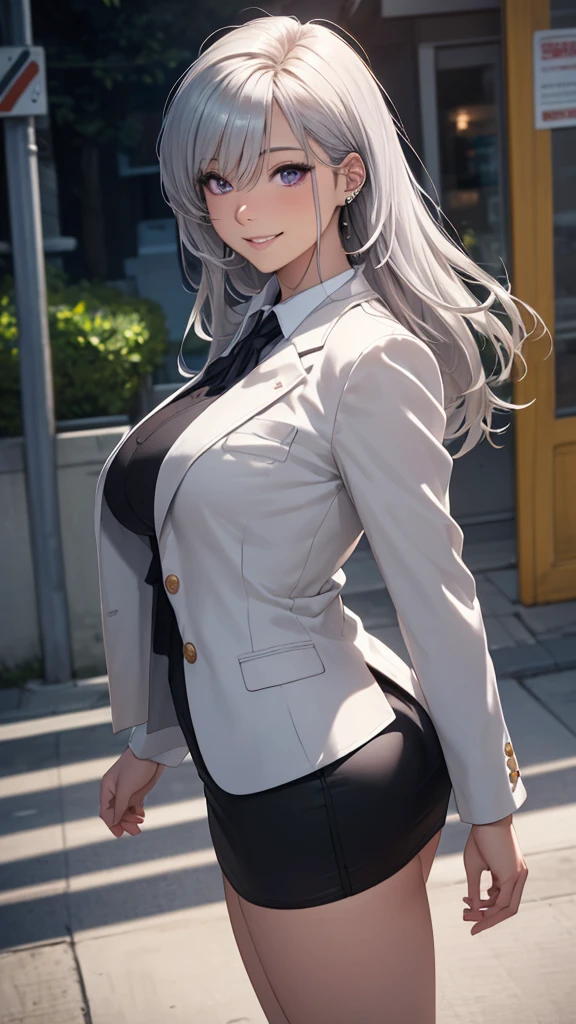 (masterpiece:1.2, top-quality), (realistic, photorealistic:1.4), beautiful illustration, (natural side lighting, movie lighting),
looking at viewer, cowboy shot, front view, 1 girl, japanese, high school girl, perfect face, cute and symmetrical face, shiny skin, babyface,
(long hair, straight hair, silver hair), hair between eyes, purple eyes, (middle breasts, seductive thighs, big ass), piercings,
beautiful hair, beautiful face, beautiful detailed eyes, beautiful clavicle, beautiful body, beautiful chest, beautiful thigh, beautiful legs, beautiful fingers,
((long sleeves, white collared shirt, black suit jacket, black pencil mini skirt), id card, strap, black high heels),
(beautiful scenery), evening, park, walking, (lovely smile, upper eyes), big tits, ((high resolution face)), plump, (((ass))), (((low angle)))