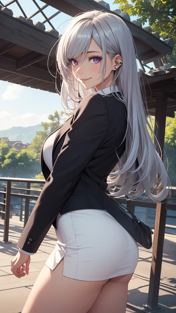 (masterpiece:1.2, top-quality), (realistic, photorealistic:1.4), beautiful illustration, (natural side lighting, movie lighting),
looking at viewer, cowboy shot, front view, 1 girl, japanese, high school girl, perfect face, cute and symmetrical face, shiny skin, babyface,
(long hair, straight hair, silver hair), hair between eyes, purple eyes, (middle breasts, seductive thighs, big ass), piercings,
beautiful hair, beautiful face, beautiful detailed eyes, beautiful clavicle, beautiful body, beautiful chest, beautiful thigh, beautiful legs, beautiful fingers,
((long sleeves, white collared shirt, black suit jacket, black pencil mini skirt), id card, strap, black high heels),
(beautiful scenery), evening, park, walking, (lovely smile, upper eyes), big tits, ((high resolution face)), plump, (ass)