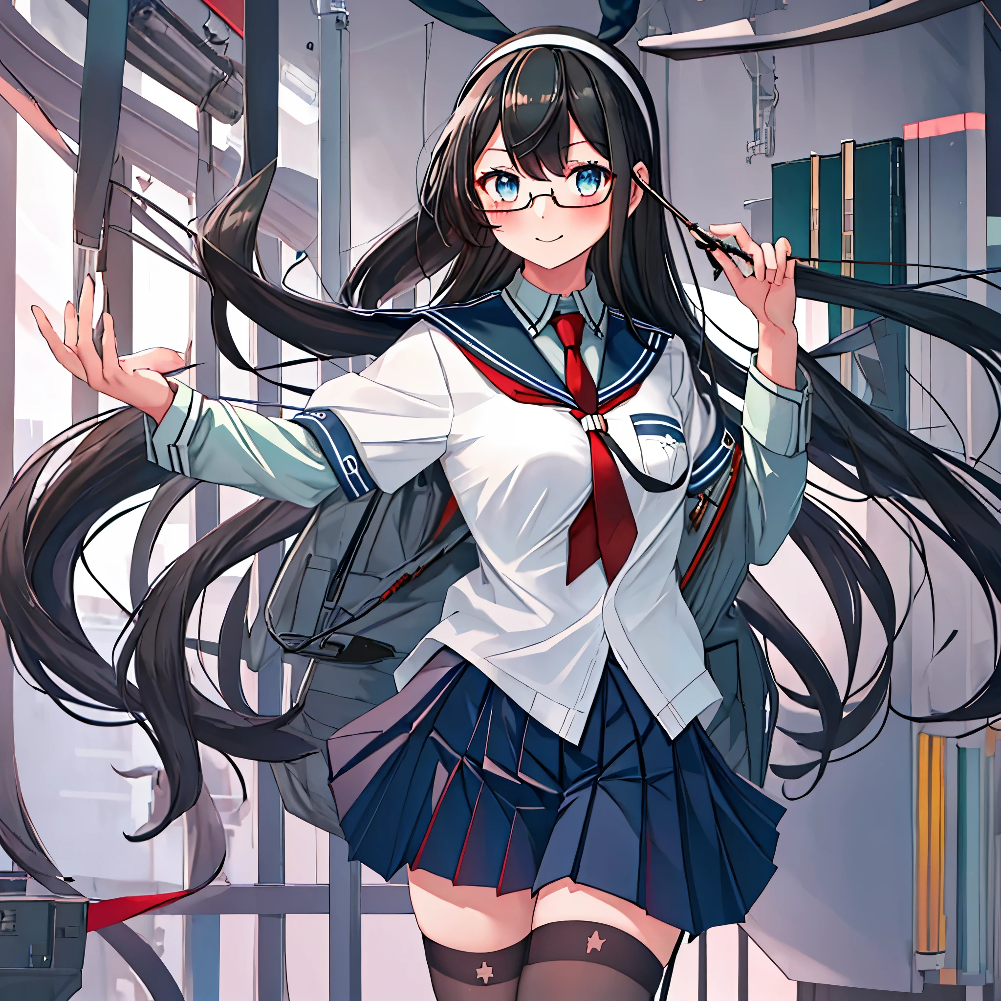 best quality, masterpiece, highres, solo, {ooyodo_kantaicollection:1.15}, black_hair, long_hair, glasses, hairband, semi-rimless_eyewear, under-rim_eyewear, blue_eyes, green_eyes, blush,small_breasts, 1girl, school_uniform, serafuku, pleats_skirt, looking_at_viewer, necktie, harbor_school_background, red_necktie,angry,smile,Proudly,thigh-highs,dynamic_posing