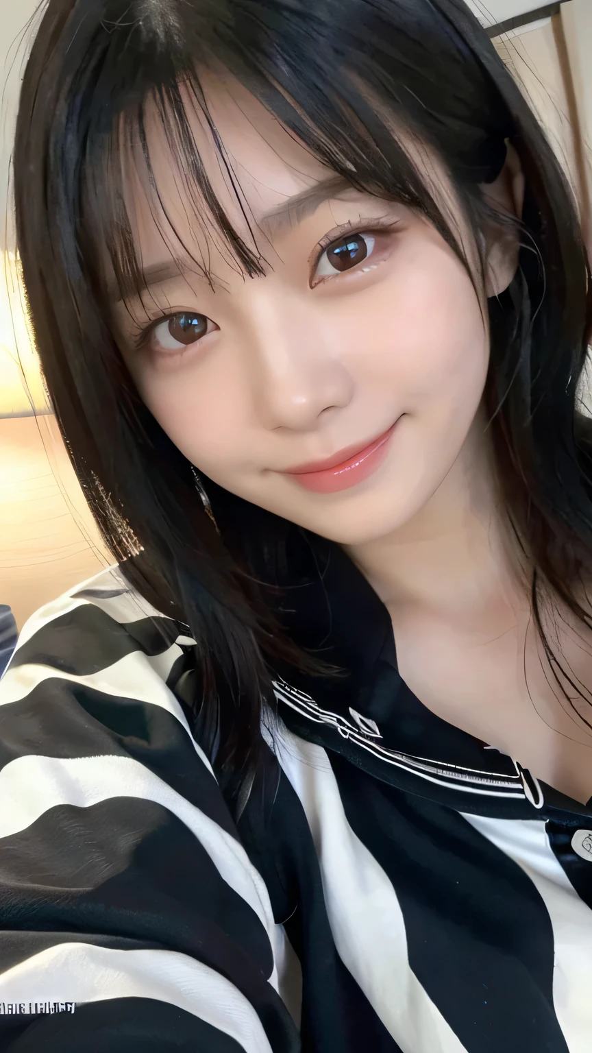 (Highest quality,masterpiece:1.3,Ultra-high resolution),(Very detailed,Caustics,16K),(Realistic:1.4,RAW shooting),Ultra-Realistic Capture,Human skin close-up,Natural skin texture,The pores are detailed enough to be easily identified,Healthy Skin and Even Tone,Use natural light and color,18-year-old,Japanese,cute,Long black hair,I'm looking at the camera with a smile on my face,Big Breasts,Waist up shot,(Face Focus:1.2),(Face close-up:1.2),(Low position:1.3),(Low Angle:1.3),(Night bets),Lens flare,On the bed、In pajamas、Wearing pajamas