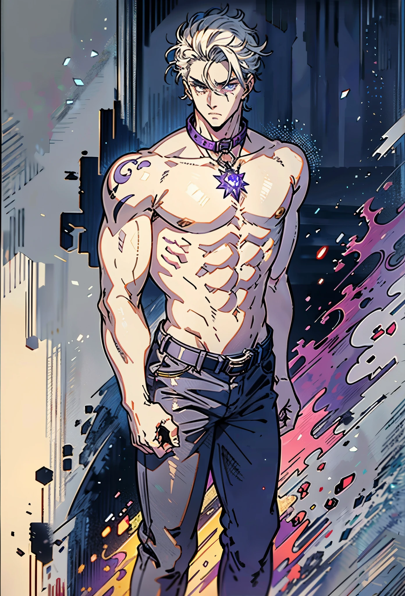 A young man with short gray hair, completely white skin, pale skin, resolute eyes, handsome face, serious expression, a metal collar around his neck, his upper body is bare, a slender yet muscular build, a purple demon tattoo is on his left shoulder, a black and white belt, cloth trousers, emitting a purple aura, he stands in a mining valley, the ground around him glowing red and cracking open, this character embodies a finely crafted fantasy-style slave warrior in anime style, exquisite and mature manga art style, dramatic, high definition, best quality, highres, ultra-detailed, ultra-fine painting, extremely delicate, professional, perfect body proportions, golden ratio, anatomically correct, symmetrical face, extremely detailed eyes and face, high quality eyes, creativity, RAW photo, UHD, 32k, Natural light, cinematic lighting, masterpiece-anatomy-perfect, masterpiece:1.5