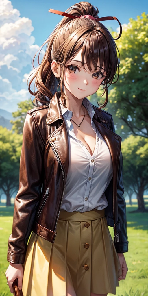 1girl, solo, summer, village, trees, sun, clouds, ((colorful hair)), curly hair, ponytail, large full breasts, ((brown leather jacket)), button down shirt, ((white shirt)), ((short sleeved shirt)), ((unbuttoned shirt)), unbuttoning buttons, cleavage 1:3, brown eyes, skirt, smile, looking at the viewer, standing, hair ribbon, golden necklate