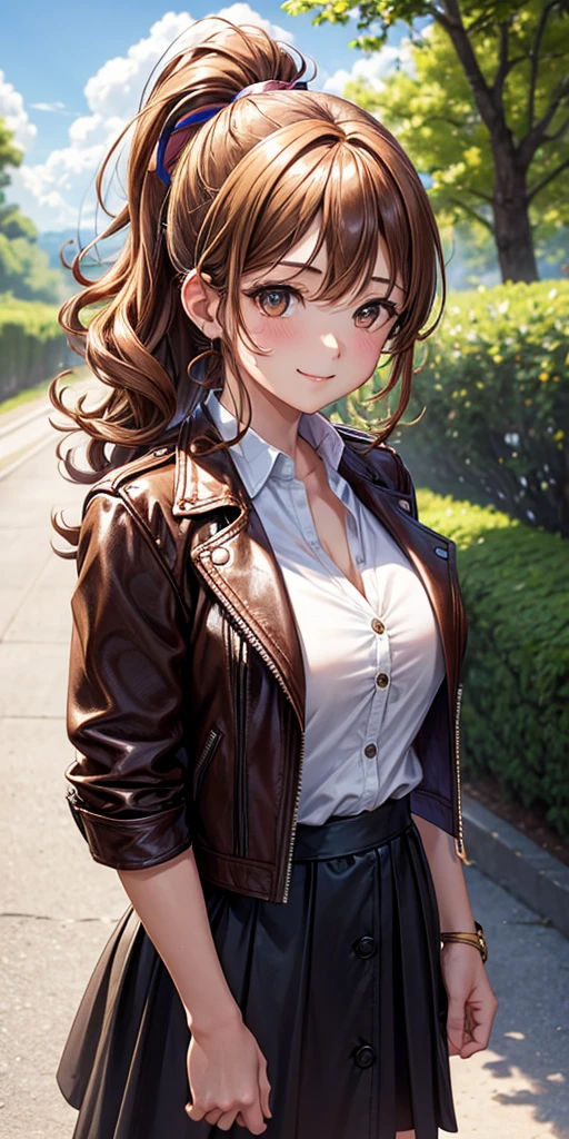 1girl, solo, summer, village, trees, sun, clouds, ((colorful hair)), curly hair, ponytail, large full breasts, ((brown leather jacket)), button down shirt, ((white shirt)), ((short sleeved shirt)), ((unbuttoned shirt)), unbuttoning buttons, cleavage 1:3, brown eyes, skirt, smile, looking at the viewer, standing, hair ribbon, golden necklate