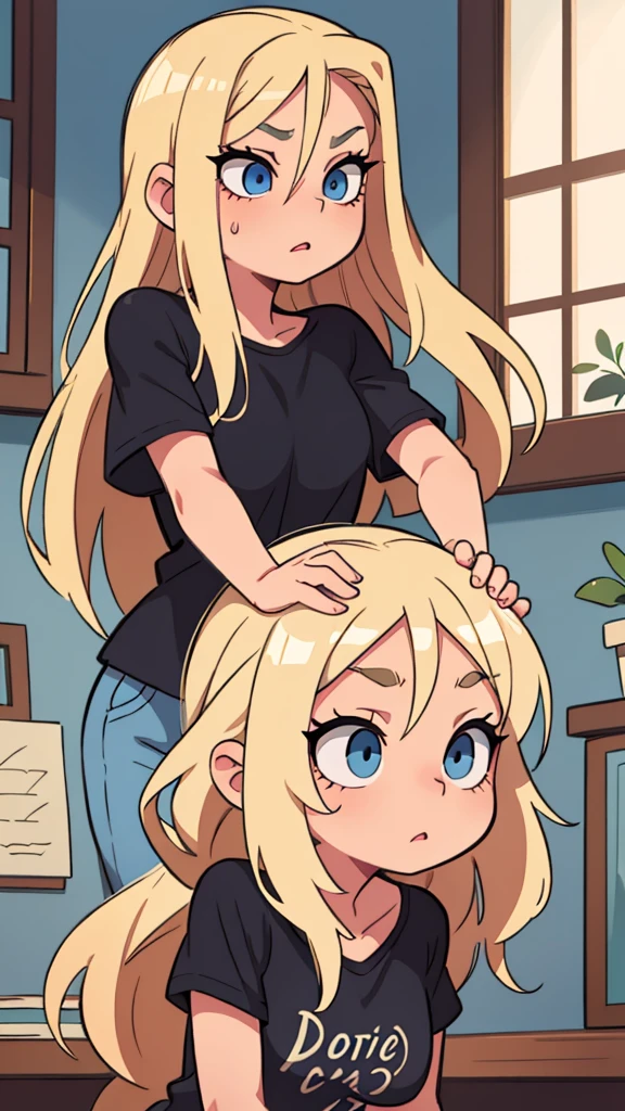 Blonde girl with shoulder-length hair Blue eyes in a black T-shirt Gorgeous eyelashes