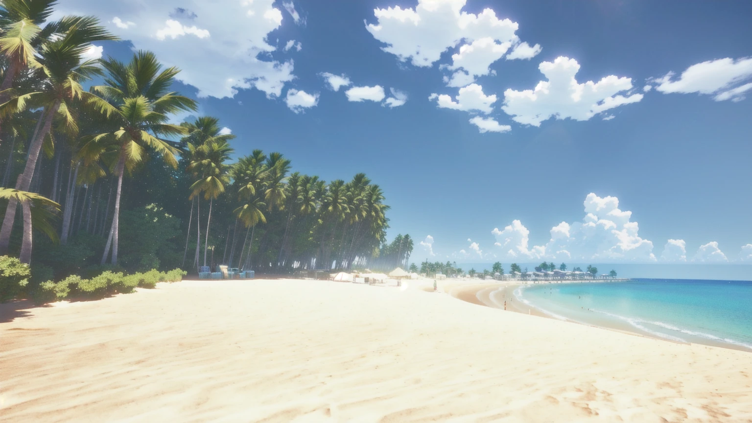Pier and trees々のあるBeachの写真があります, Sandy Beach, Unity 3Dでレンダリング, 風の強いBeach, 手前のBeach, Beach, ( ( 3D Rendering ) ), A very distant forest, ( ( ( ( 3D Rendering ) ) ) ), Video game stills, Beachの風景, Detailed wide shot, Ghibli Screenshots, 背景のBeachの木々