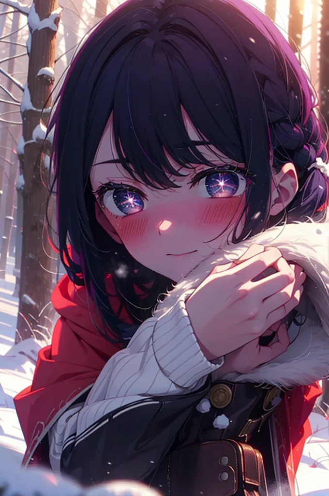 aihoshino, ai hoshino, Long Hair, bangs, (Purple eyes:1.1), Purple Hair, (Symbol-shaped pupil:1.5), smile,,smile,blush,White Breath,
Open your mouth,snow,Ground bonfire, Outdoor, boots, snowing, From the side, wood, suitcase, Cape, Blurred, , forest, White handbag, nature,  Squat, Mouth closed, Cape, winter, Written boundary depth, Black shoes, red Cape break looking at viewer, Upper Body, whole body, break Outdoor, forest, nature, break (masterpiece:1.2), Highest quality, High resolution, unity 8k wallpaper, (shape:0.8), (Beautiful and beautiful eyes:1.6), Highly detailed face, Perfect lighting, Extremely detailed CG, (Perfect hands, Perfect Anatomy),
