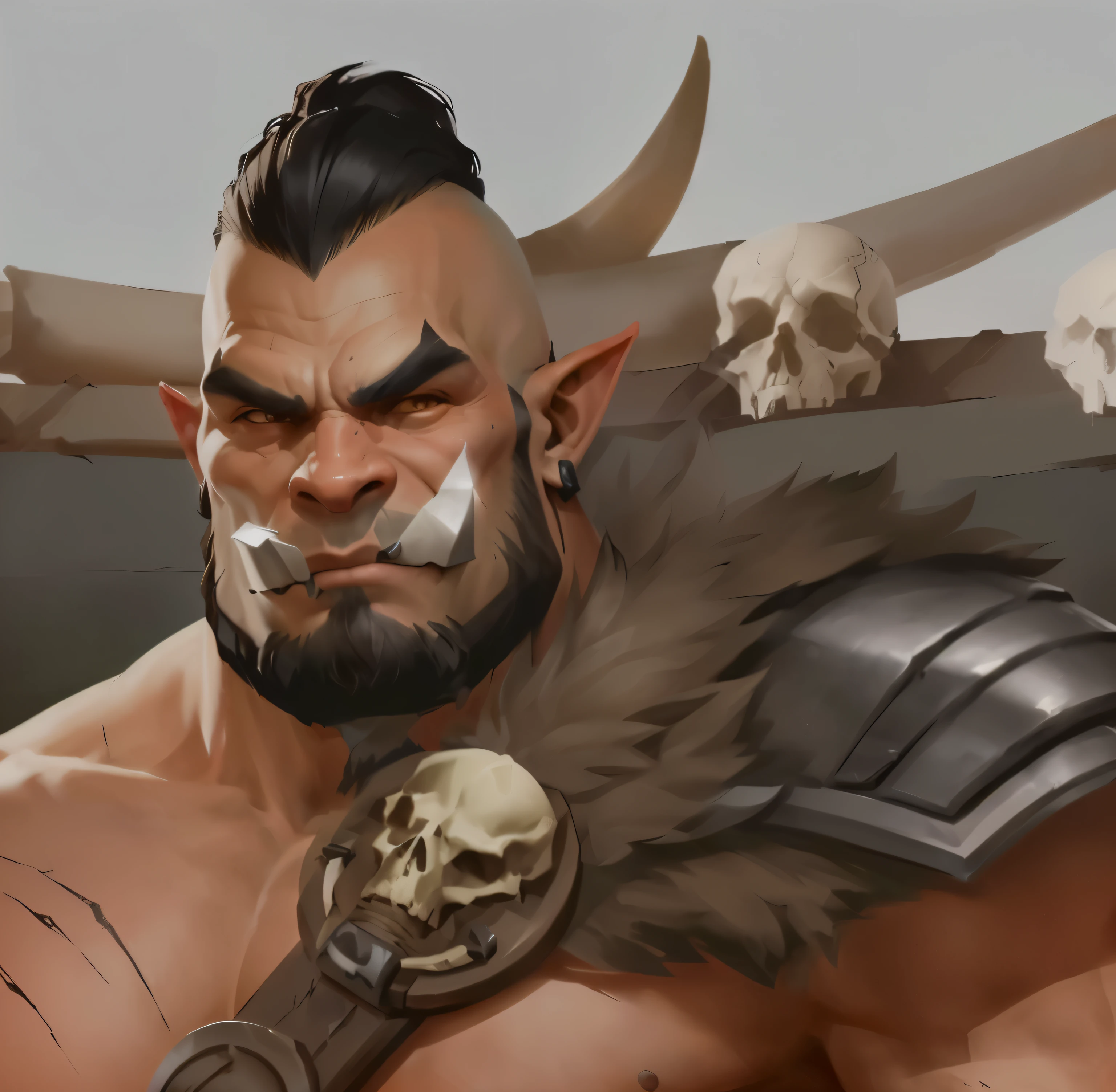there is a man with a beard，There is a skull on the shoulder, portrait of An orc, portrait of An orc warrior, Berserker Portrait, Grog Stromger, portrait berserker barbarian, Orcs, role playing game (RPG) Portrait concept art, dnd portrait, Bald Orc Mechanic, orc themed, DND Art Portraits, An orc, Portrait Do Not Disturb, orc warrior