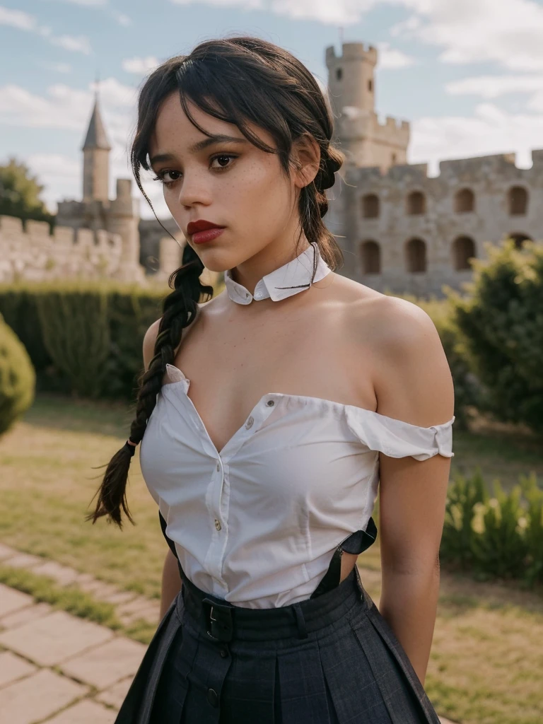 jenna_ortega wearing a black , button-down shirts with a collar, covered shoulders, black pleated miniskirt, bare shoulders, hair tied into two small braids, red lipstick, eyeliner, most of the figure visible (most of the body visible: 1.2), background: castle, castle ruins, castle courtyard.