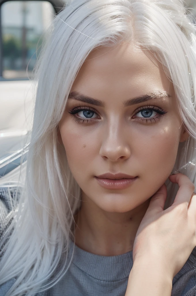 Close-up of a woman, sitting in a car and covering her face with her hand, White hair, White hair, Tumblr, Photorealism, gorgeous face, perfectly lit face, girl portrait, flawless face, perfect face!!!, perfect face ), perfect face!!, sexy face, gorgeous attractive face