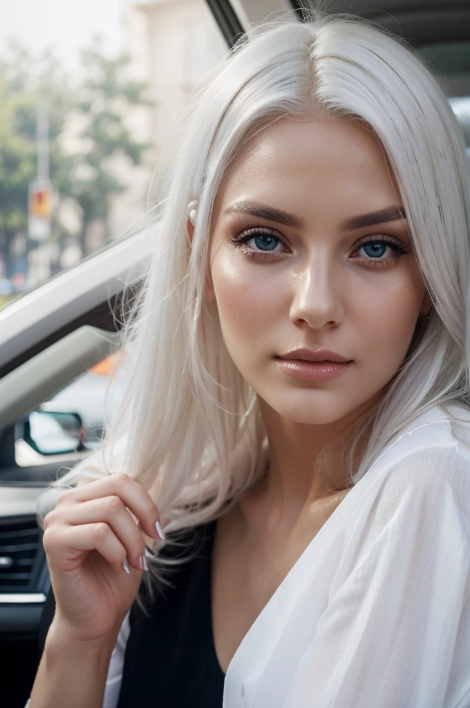Close-up of a woman, sitting in a car and covering her face with her hand, White hair, White hair, Tumblr, Photorealism, gorgeous face, perfectly lit face, girl portrait, flawless face, perfect face!!!, perfect face ), perfect face!!, sexy face, gorgeous attractive face