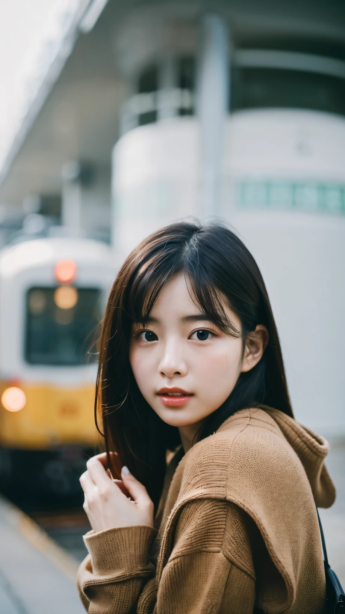 Cinematic Photo of a beautiful korean fashion model bokeh train