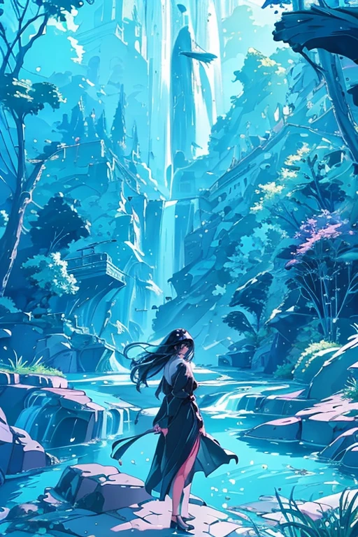1girl,solo,cute,black hair,a beautiful girl,perfect face,she is dressing in a flowing dress,a lush green forest,a dense forest with towering trees,a colorful flower,a forest filled with sunlight,a majestic waterfall,fantastic,a waterfall cascading down rocks,vivid colors,soft sunlight,illuminating the scene,creating a magical atmosphere