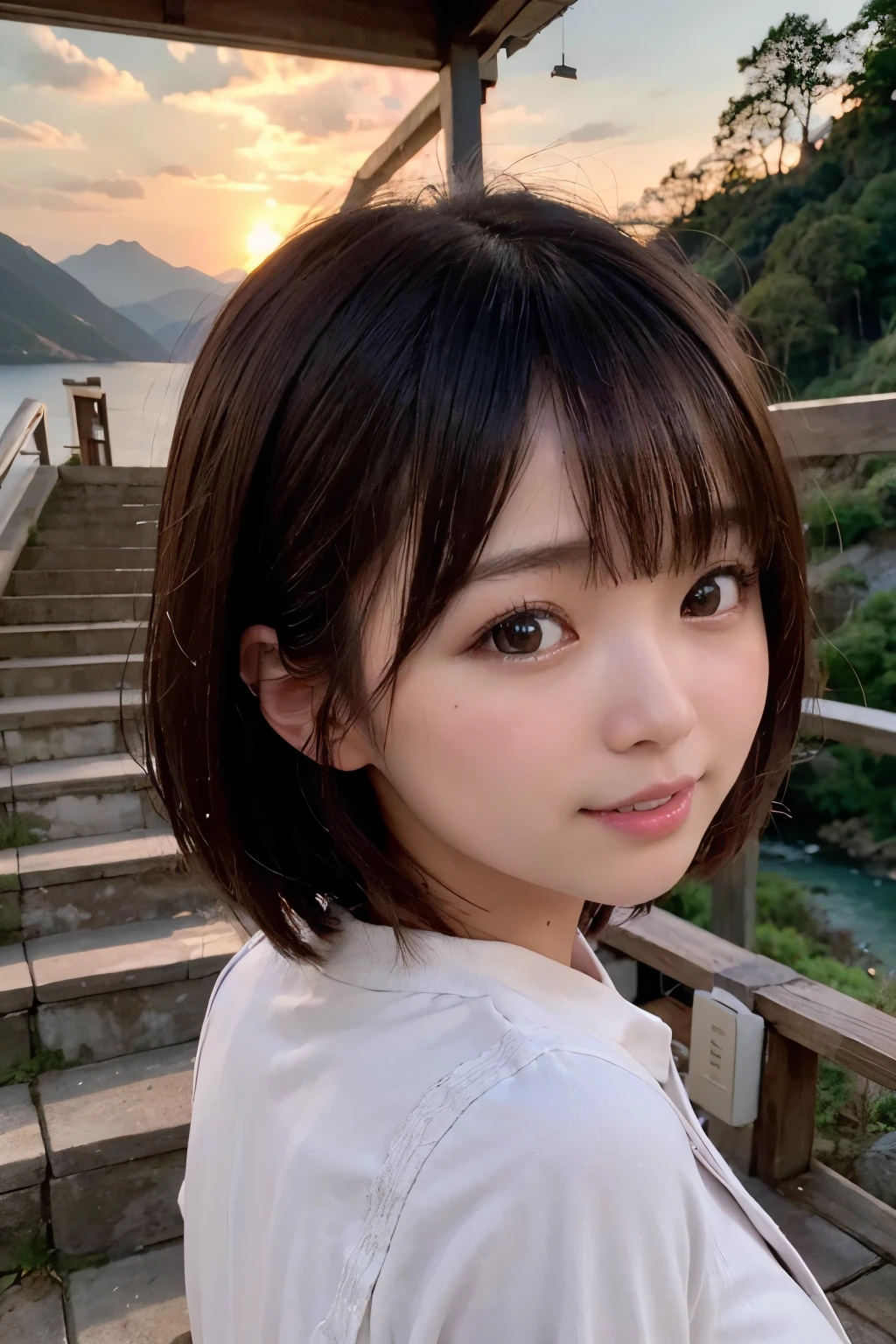 SFW, (Dynamic Angle), Looking Back Viewer, by a Telephoto Lens,
Short Bob Cut:1.5, Japanese, 20-year-old girl:1.5, Wide-Set Eyes:1.5, Wet Hair:1.2, Brown Hair, Blush, Embarrassed, Very white skin, Open Mouse Slightly, Medium ASS, Small Breasts, Laughing:1.2, ((School Uniform)),
(8K, RAW Photo, Best Quality, Masterpiece:1.2), (Realistic, PhotoRealistic), (Extremely Detailed 8K Wallpaper), Anatomically correct:1.5, (Beautifully Detailed Eyes, Finely Detailed Face),
Sunset Glow, On Deck, ((Port Town:1.2)), Many Small Islands:1.0, (Many White Steep Staircases in the Mountain:1.5), (Temples existing Halfway in the Mountain:1.2),
The Big Bridge which Connects Islands,
from Back:1.2, from Below:1.0, from Side:1.2, Full Body,
((Professional Lighting))