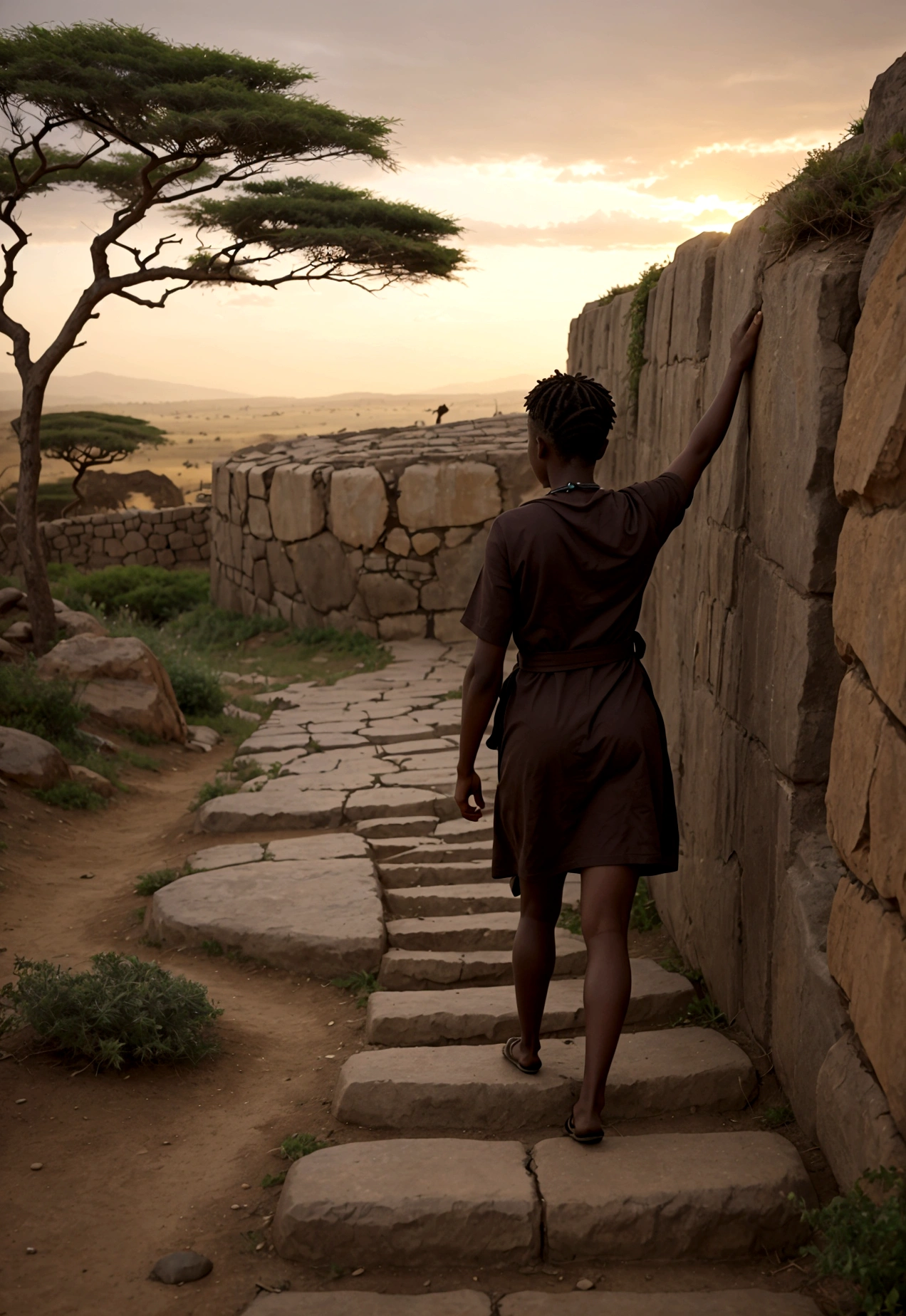 The image should show an African person persevering in the face of adversity, perhaps climbing a steep hill or walking alone along a challenging path. The person's expression must be one of determination and resilience. Include visual elements that represent challenges and overcoming, such as rocks on the path, storms or obstacles, but also signs of progress and hope, such as a rising sun or a light at the end of the path. Use a color palette that evokes inner strength and optimism.