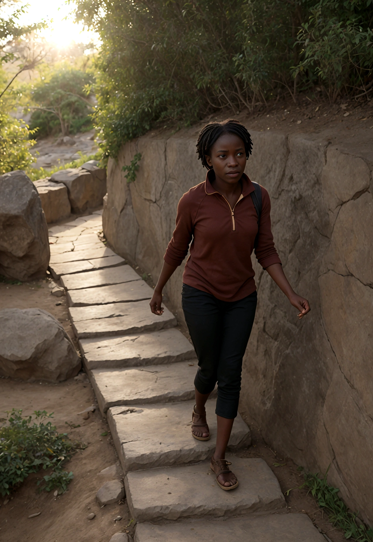 The image should show an African person persevering in the face of adversity, perhaps climbing a steep hill or walking alone along a challenging path. The person's expression must be one of determination and resilience. Include visual elements that represent challenges and overcoming, such as rocks on the path, storms or obstacles, but also signs of progress and hope, such as a rising sun or a light at the end of the path. Use a color palette that evokes inner strength and optimism.