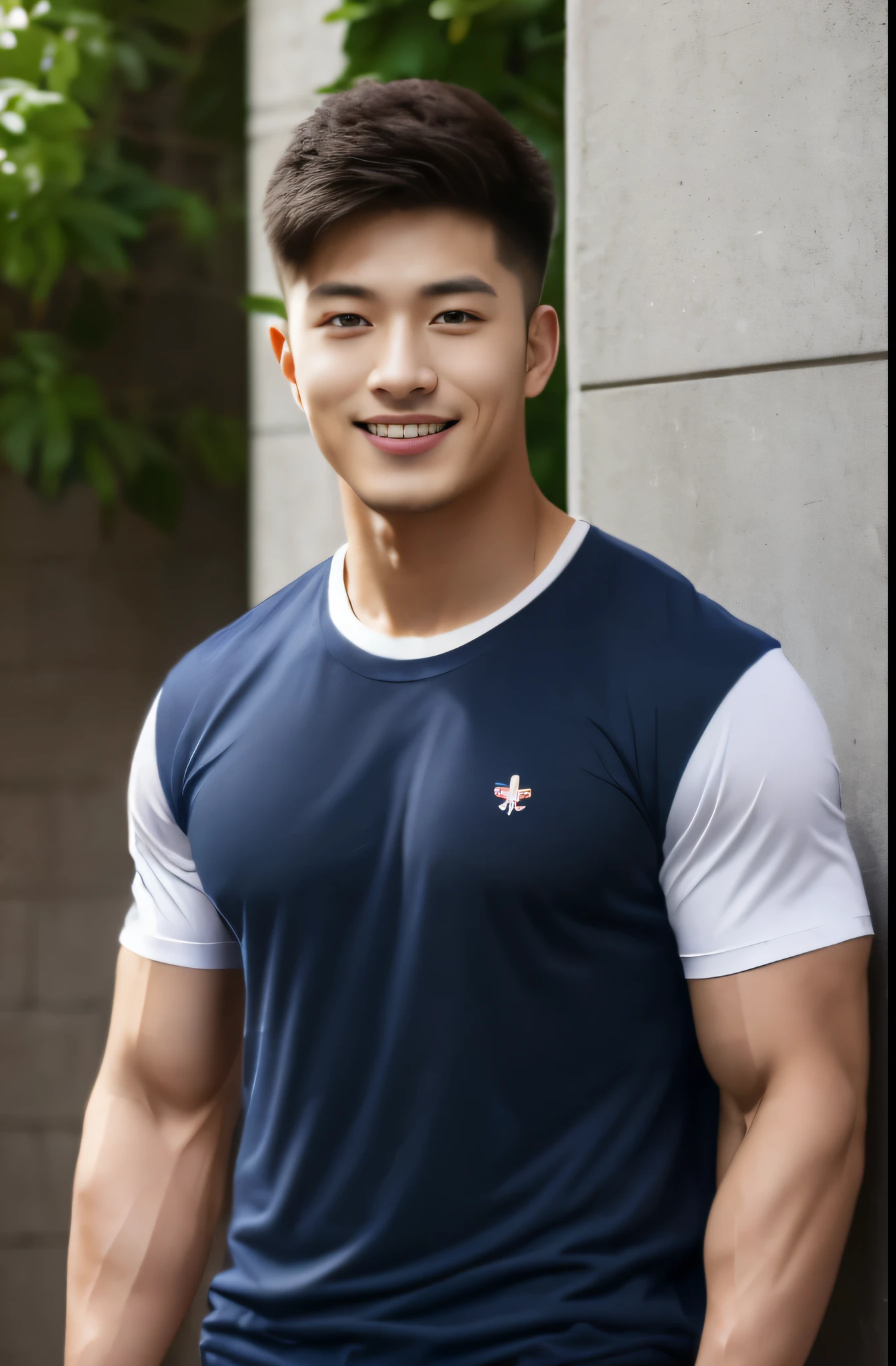 handsome man ,Age 20 , short hair, Korea , student,(((Wear a navy blue t-shirt with no stripes............................))), front view, smile ,chest muscles, Broad shoulders ,sportsperson , full body, rain: 1.3, tall building: 1.2, body drenched: 1.1, middle of the body
