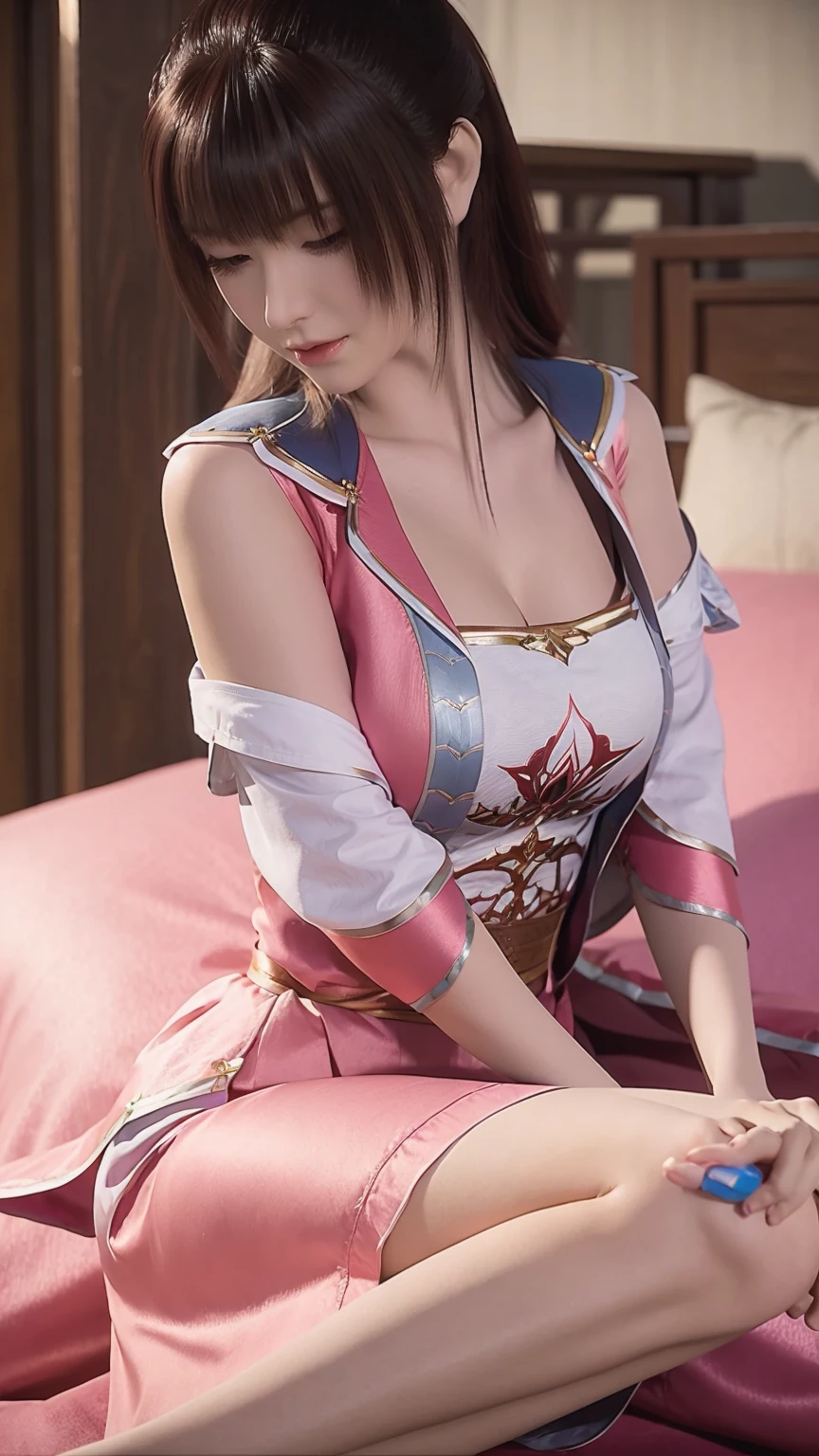 一个女孩Lying in bed,Face up,Raise your legs slightly,Front view super detailed beautiful big breasted girl . Ultra HD, 4k, 8K, Movie,whole body,Lying down,Long legs,Very big breasts,whole body捕捉,(((Lying in bed))),(((whole bodyLying in bed))),Pink bed,Off-shoulder,Shoulder-length skirt,Lying in bed,Sleeping on the pillow,Lying down,Headrest pillows