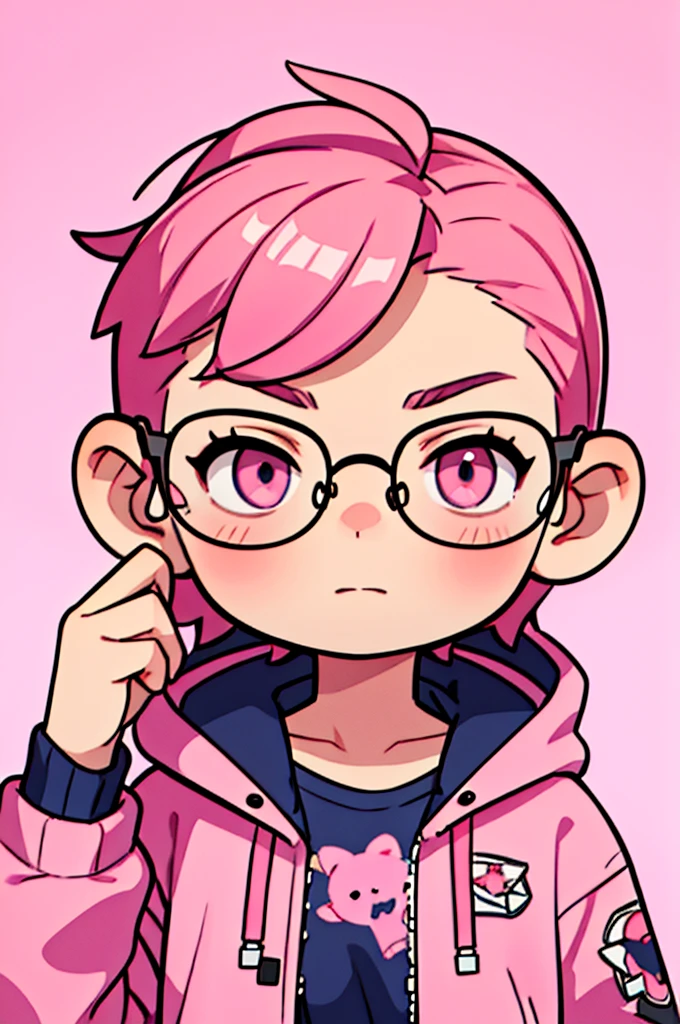 Sharp image, man, pink hair, wearing a pink jacket. , has a dull, bored face, wears round glasses, has short, neat hair, jibi