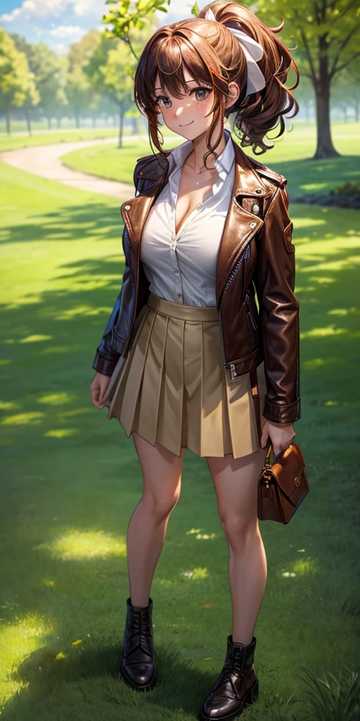 1girl, ((full body)), solo, summer, village, trees, sun, clouds, ((colorful hair)), curly hair, ponytail, large full breasts, ((brown leather jacket)), button down shirt, ((white shirt)), ((short sleeved shirt)), ((unbuttoned shirt)), unbuttoning buttons, cleavage 1:3, brown eyes, skirt, smile, looking at the viewer, standing, hair ribbon, golden necklate