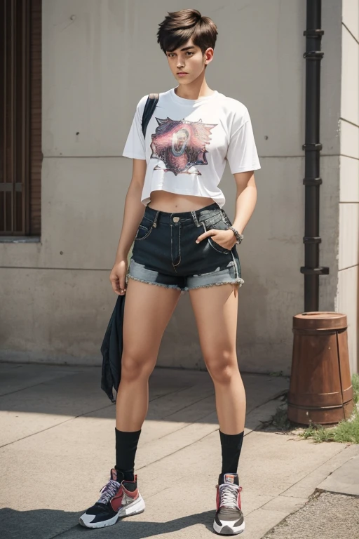 a young man having long legs, thick thighs, large hips, thin and narrow weist, big large feminine breasts, large male reproductive organs, t shirt and shorts, very small ?????? boyish haircut, man , wide hips, bearded man, man,penis bulge , full body 