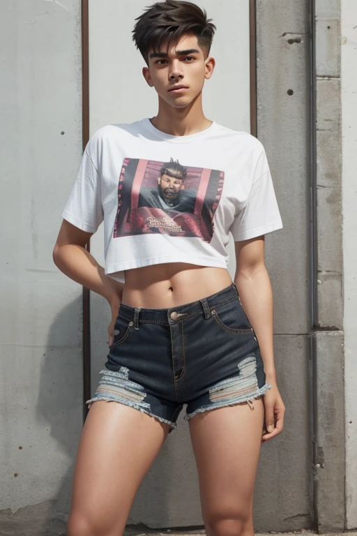 a young man having long legs, thick thighs, large hips, thin and narrow weist, big large feminine breasts, large male reproductive organs, t shirt and shorts, very small spikey boyish haircut, man , wide hips, bearded man, man,penis bulge , full body 