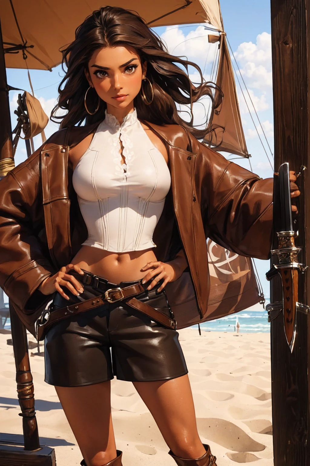 (masterpiece), best quality, expressive eyes, perfect face, (pirate ship background), (standing), (smirk), (closeup view), (1girl, vanessa alessia, dark skin, tanned skin, brown hair, wavy hairstyle, brown eyes, hourglass figure, thin body, skinny body, petite_body, medium breasts, thick thighs, long fingernails, white front lace blouse, long sleeve, loose fit, brown leather corset, brown leather shorts, brown boots, sheathed cutlass sword, flintlock pistol in holster, hoop earrings, miscellaneous jewelry)