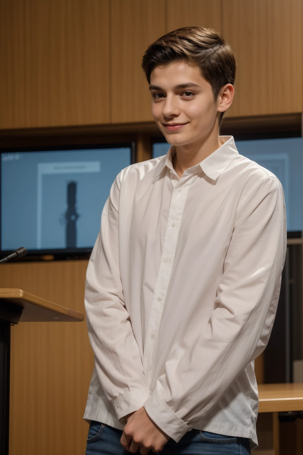 A cute, beautiful, black-haired male twink is wearing a luxurious, bright white long-sleeved shirt and jeans. He is in his medical school graduation speech, looking proud.