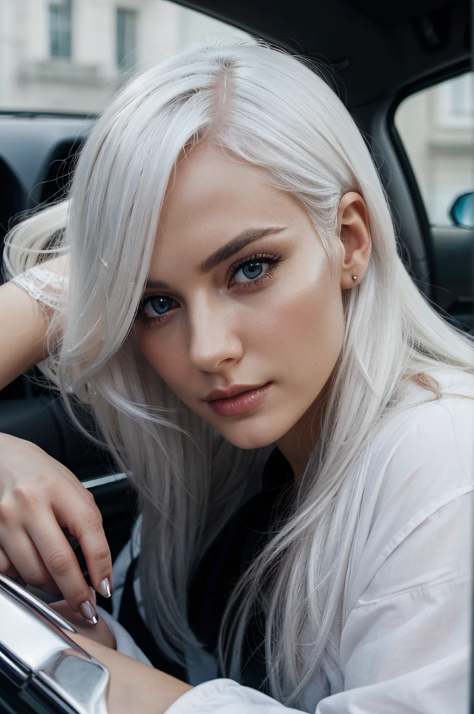 Close-up of a woman, sitting in a car and covering her face with her hand, dark background, White hair, White hair, Tumblr, Photorealism, gorgeous face, perfectly lit face, girl portrait, flawless face, perfect face!!!, perfect face ), perfect face!!, sexy face, gorgeous attractive face
