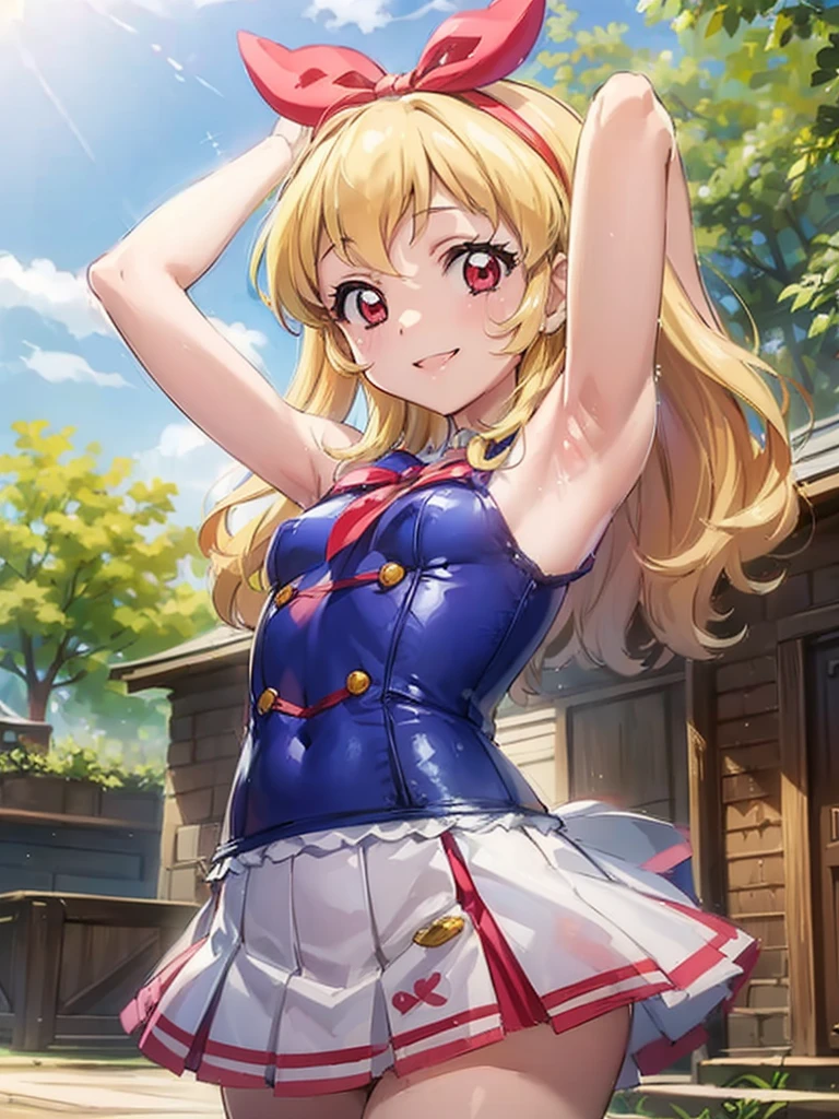 menma, (best quality, masterpiece, RAW photo,ultra-detailed:1.2), 1girl,solo,looking at viewer,smile,
white sleeveless one-piece swimsuits, show armpit, blue ribbon, nature, bust shot,lol_i,Ichigo Hoshimiya (Aikatsu!),nsfw,1girl,arms up,hands up,handcuffs