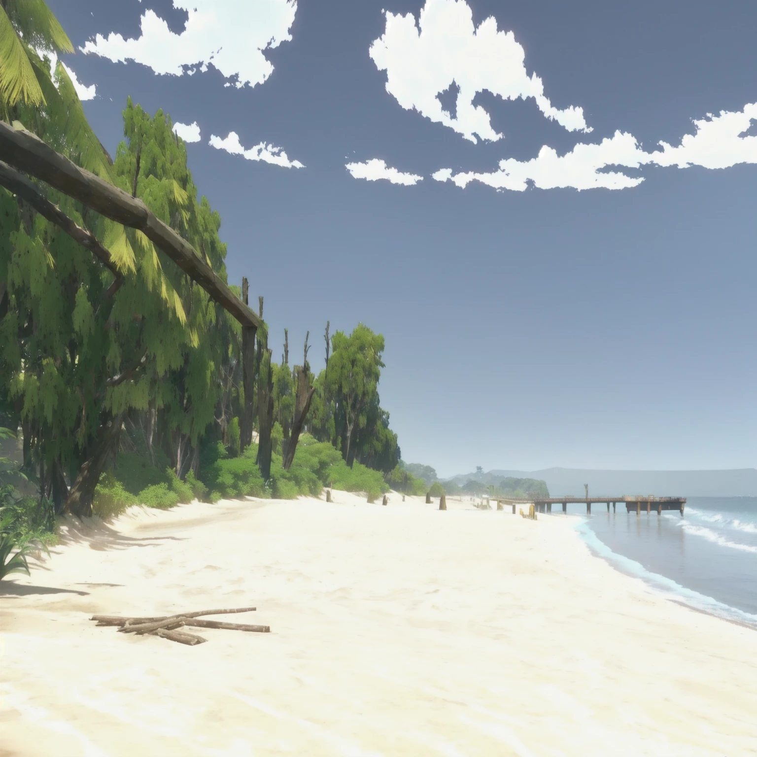 Pier and trees々のあるBeachの写真があります, Sandy Beach, Unity 3Dでレンダリング, 風の強いBeach, 手前のBeach, Beach, ( ( 3D Rendering ) ), A very distant forest, ( ( ( ( 3D Rendering ) ) ) ), Video game stills, Beachの風景, Detailed wide shot, Ghibli Screenshots, 背景のBeachの木々