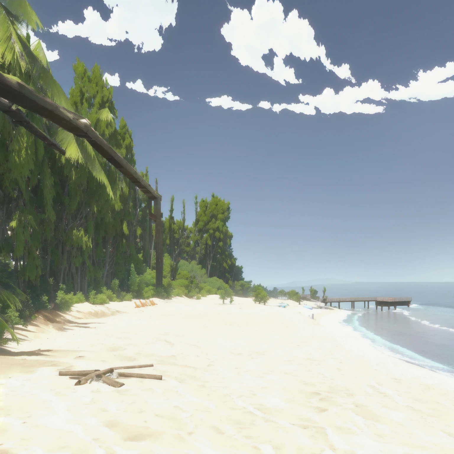 Pier and trees々のあるBeachの写真があります, Sandy Beach, Unity 3Dでレンダリング, 風の強いBeach, 手前のBeach, Beach, ( ( 3D Rendering ) ), A very distant forest, ( ( ( ( 3D Rendering ) ) ) ), Video game stills, Beachの風景, Detailed wide shot, Ghibli Screenshots, 背景のBeachの木々