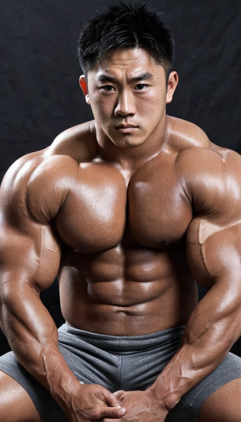 Black sunburn skin Japanese,Bodybuilding Poses、Very Big Bodybuilder muscle man,shintaro morimoto,Developed muscles、Sit on the ground、Hidetada yamagishi,yo,,no body hair,naked,Very bulky Big underboobs, Skin with visible veins, medium length hair,A cinematic scene unfolds in 8k resolution, on a brig,(Gorilla-like face:0.3),Big Nose,(Big penis:0.7)(Thick penis:0.7)(elect penis:1.4)(Detailed elect penis shape:1.4)nsfw、