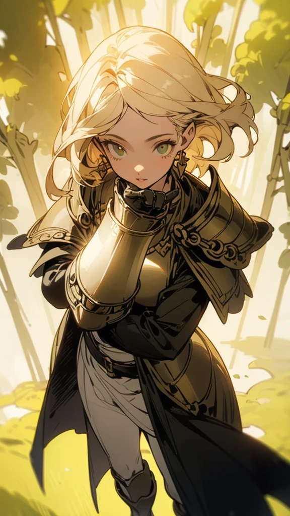 ((((High fantasy epic armor, detailed hands, detailed face, detailed eyes))), 1girl, confident, standing, (((breastplate, shoulder guards, gauntlets, boots)), [green armor, verdant decoration], (spear, quiver on back), (plant life:0.7), (greenery:0.7)), ( Verdanthia's essence:0.9), (skin:0.7), (long hair, pale skin, ((green eyes)), green eyes:0.7), ((detailed face), detailed face:0.9), (noble nose), ((small nose)), ((full lips))), ((centered)), (wide shot), facing viewer, (((outdoors, forest, sunlight:0.9))), medium breasts, looking at viewer, ((open arms)), ((perfect hands)), (((head:1, arms, hips in view, elbows, thighs, in view))), ((hands at sides)), lively eyes, beautiful lighting, outside, outdoors, background, ((defined subject)), 25 years old, (head tilt), (((cool))), ((lively)), (((high contrast)))