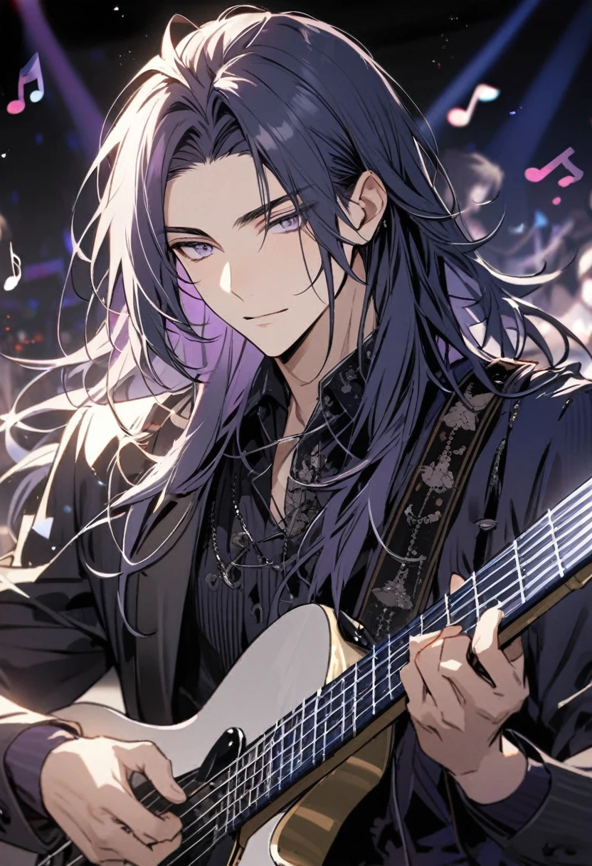 male, handsome, parted bang, long hair, navy hair, musician, purple eyes, music notes, grey eyes